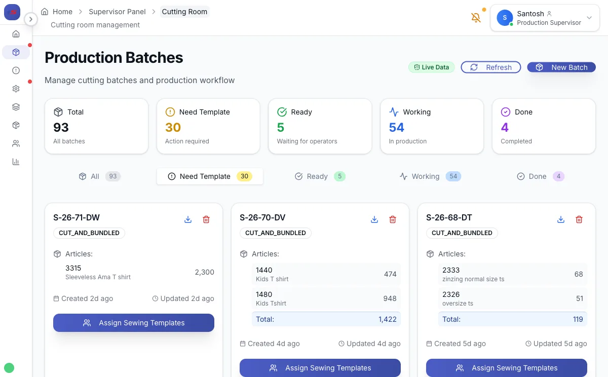 Cutting batch management dashboard in Scan ERP showing lot status, bundle counts, and production progress