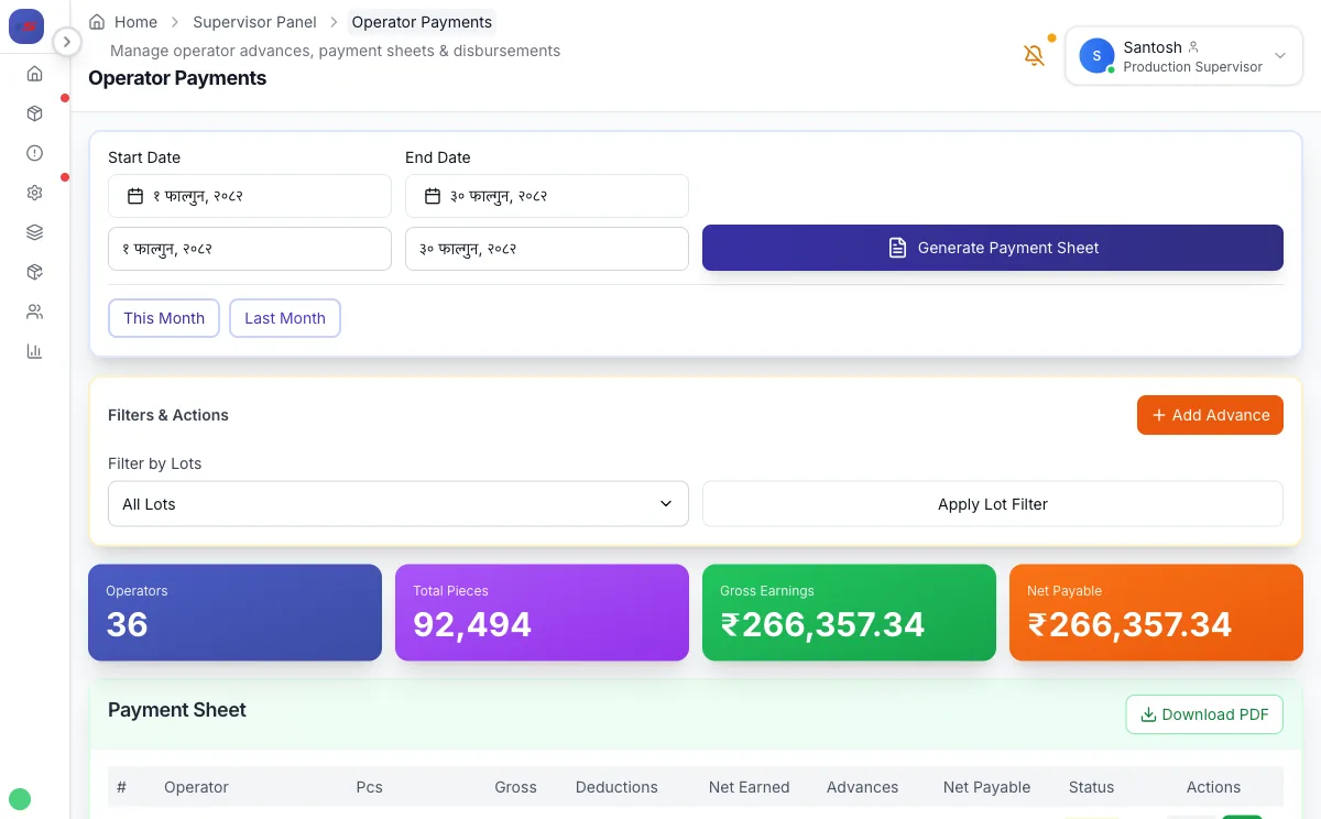 Piece-rate payment calculation dashboard in Scan ERP showing operator earnings, bonuses, and monthly totals