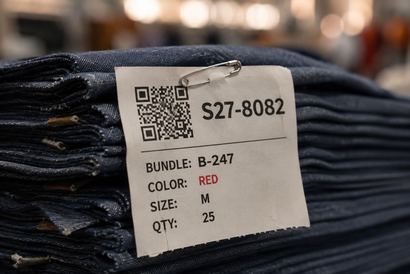 Garment bundle system — QR code ticket pinned to fabric bundle with lot, color, size, and quantity metadata