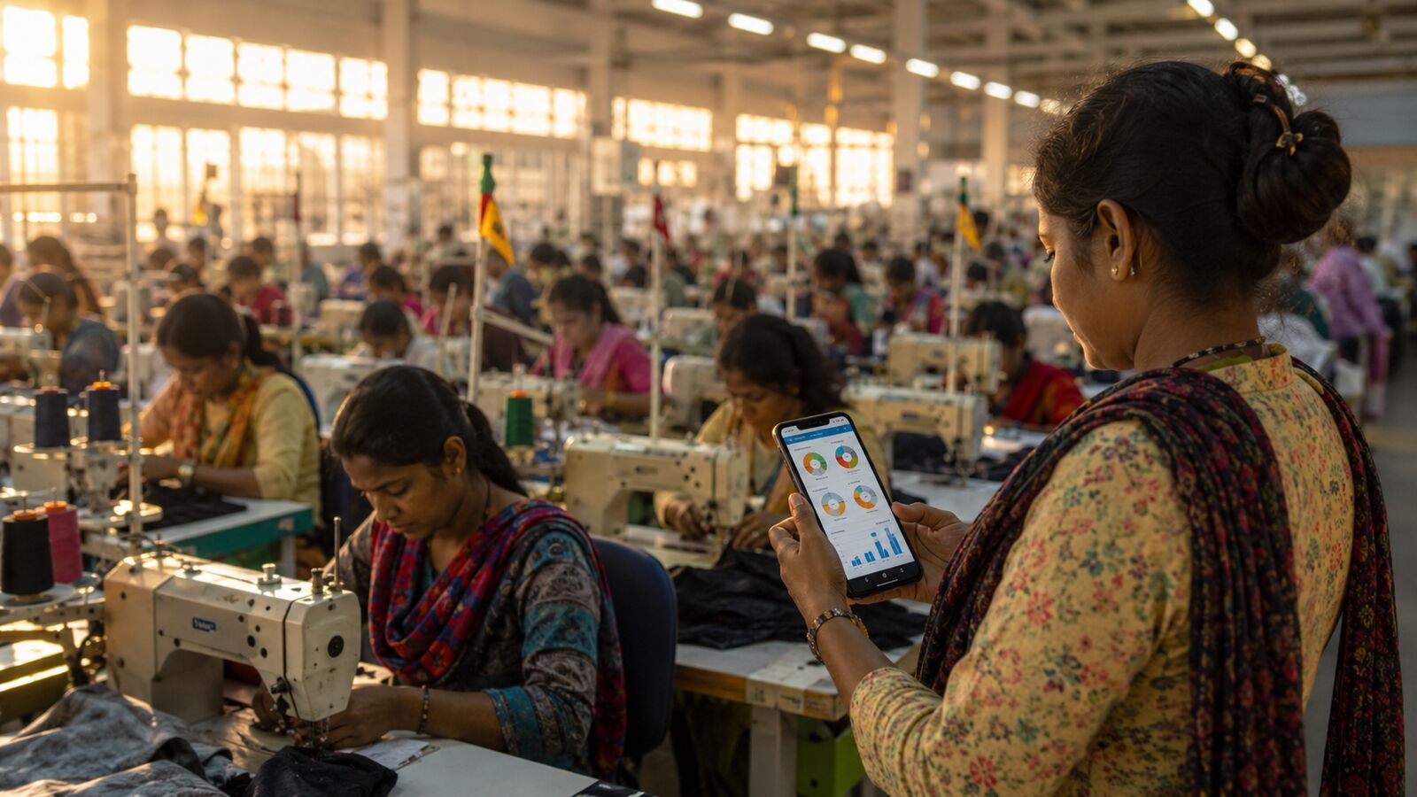 Garment factory supervisor reviewing real-time production dashboard on mobile phone — CMT factory floor with sewing operators